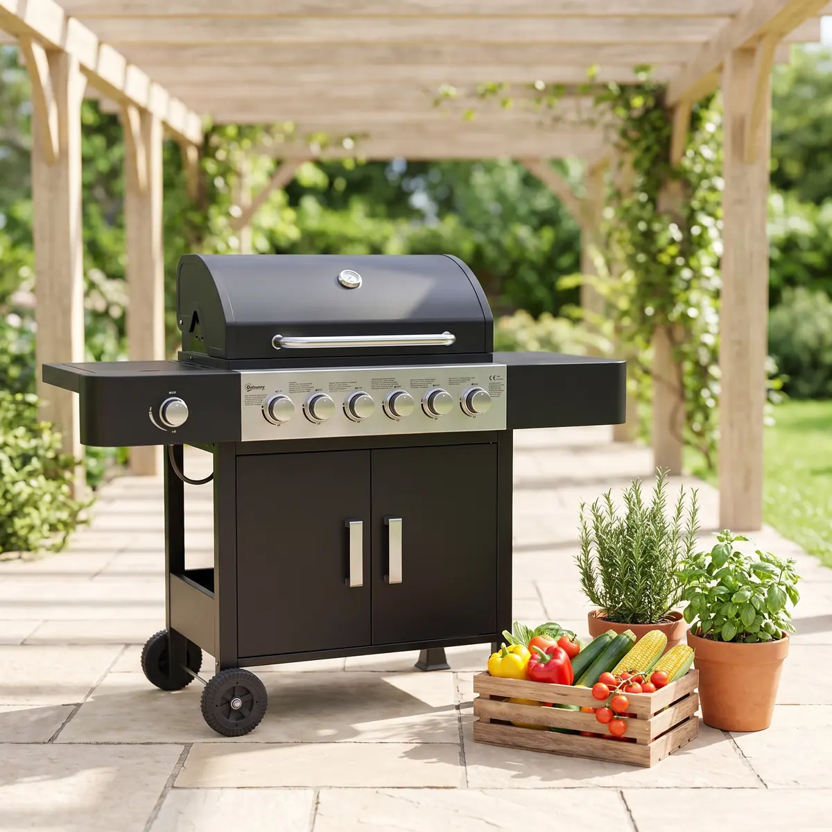 Outsunny Gasgrill 17,8 KW 6+1 Brenner BBQ Grillwagen aus Edelstahl inkl Rolle