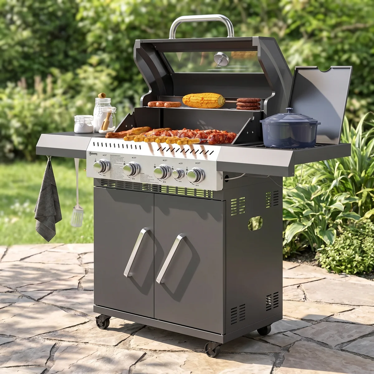 Outsunny Gasgrill 12 KW Grillwagen inkl 5 Brenner Seitenkocher Rolle