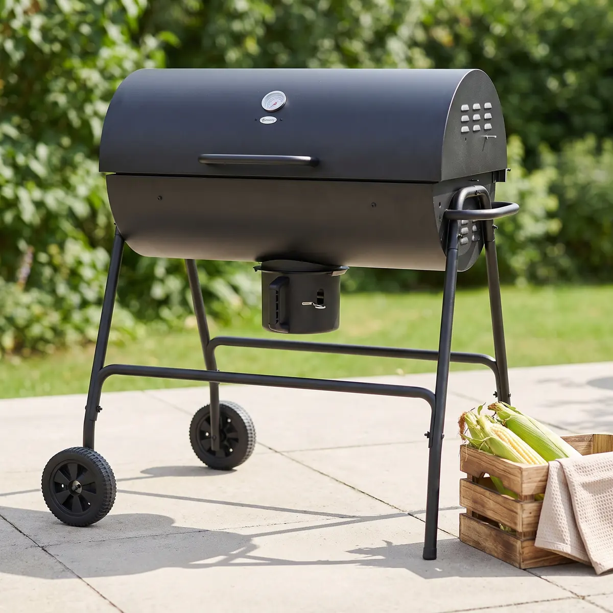 Outsunny Holzkohlegrill aus Metall BBQ Smoker mit Deckel Thermometer Räder