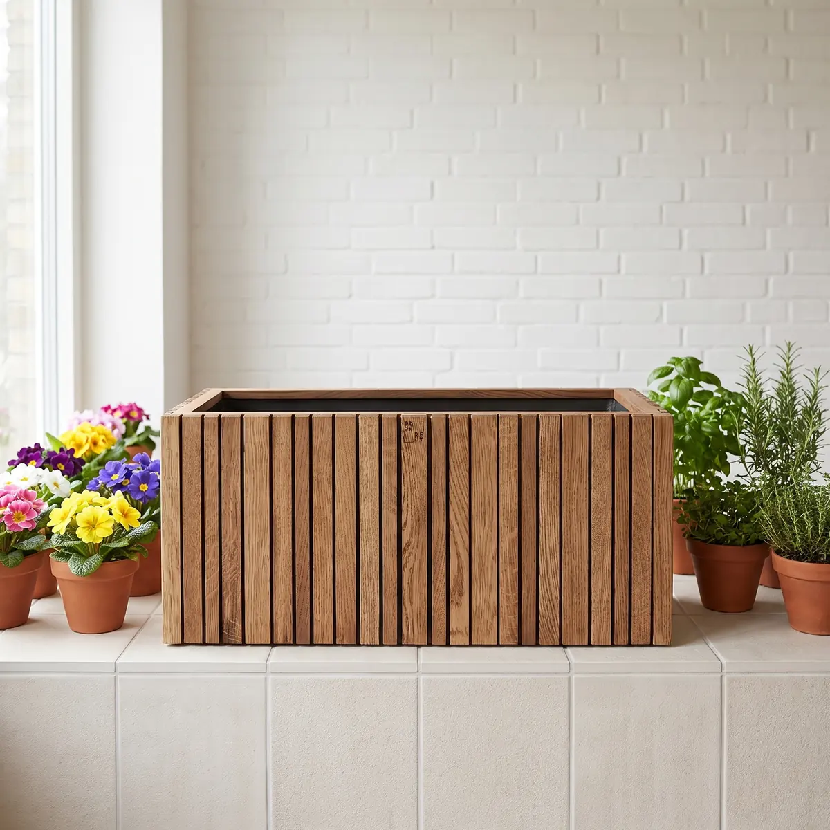 Balkonkästen Growwide Selbstbewässernder Blumentopf dunkle Eiche mit Ösen für Halterungen