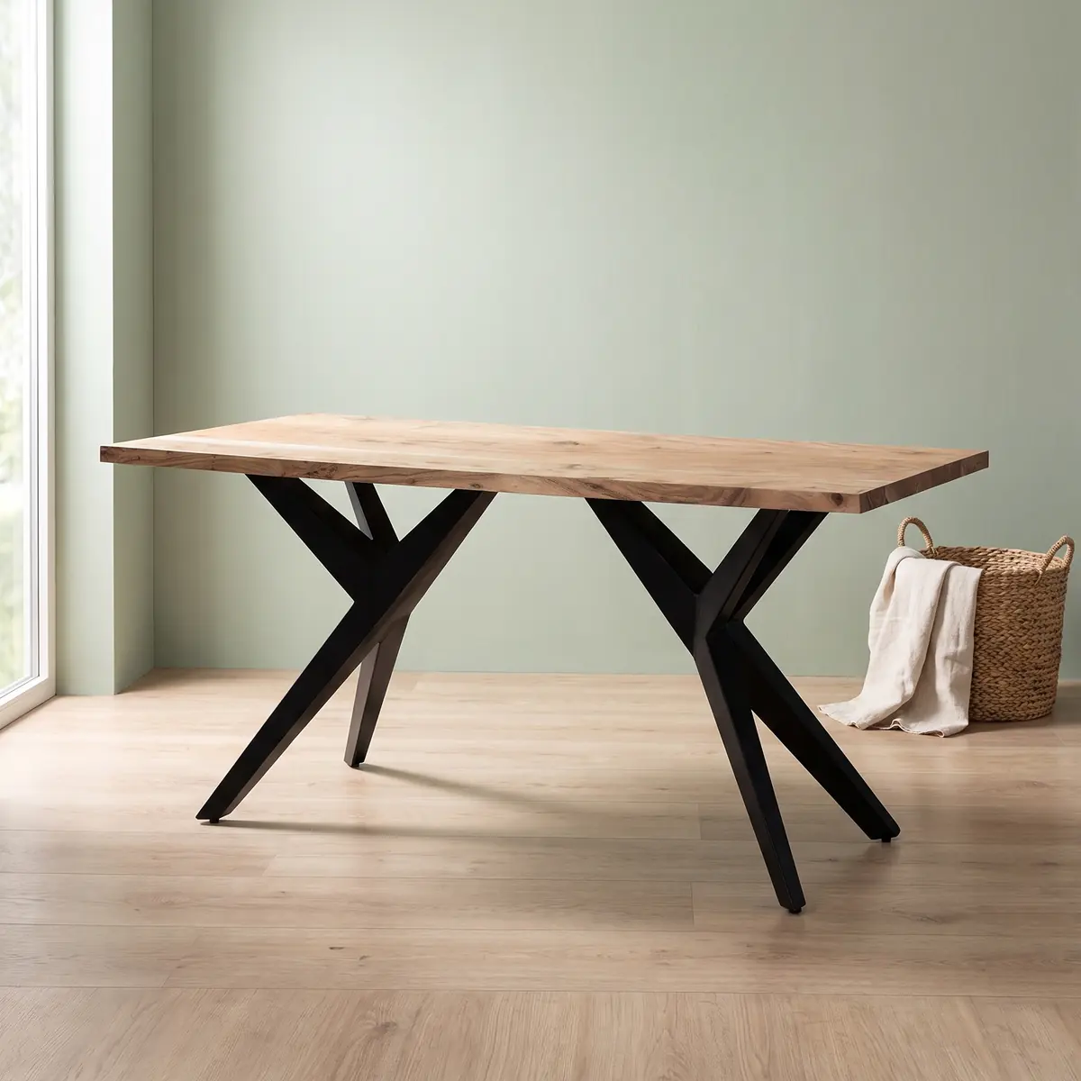 FineBuy Esstisch Akazie Massivholz mit Schwarzem Design Metallgestell