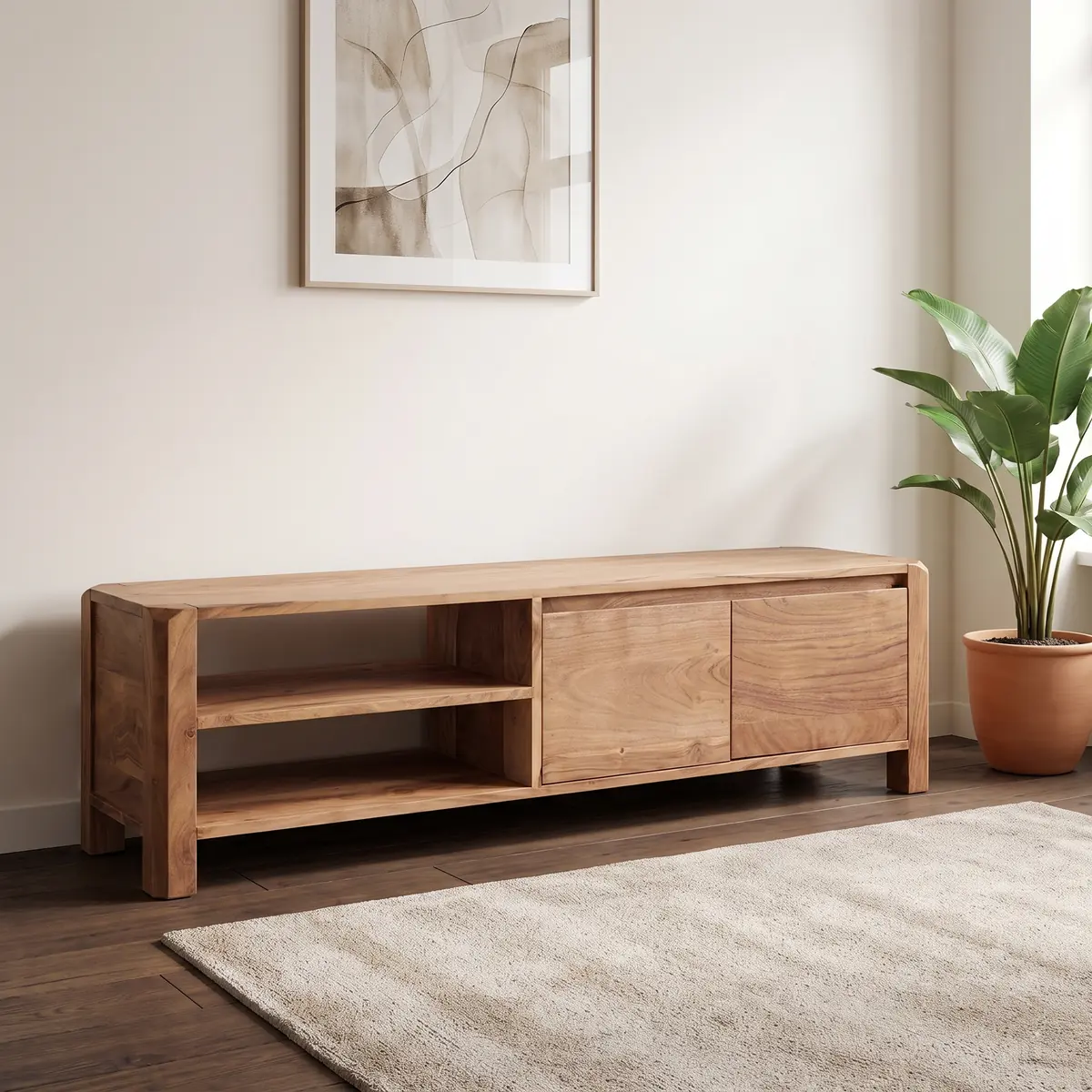 FineBuy Lowboard Massivholz Kommode 140 cm TV-Board Ablage-Fächer