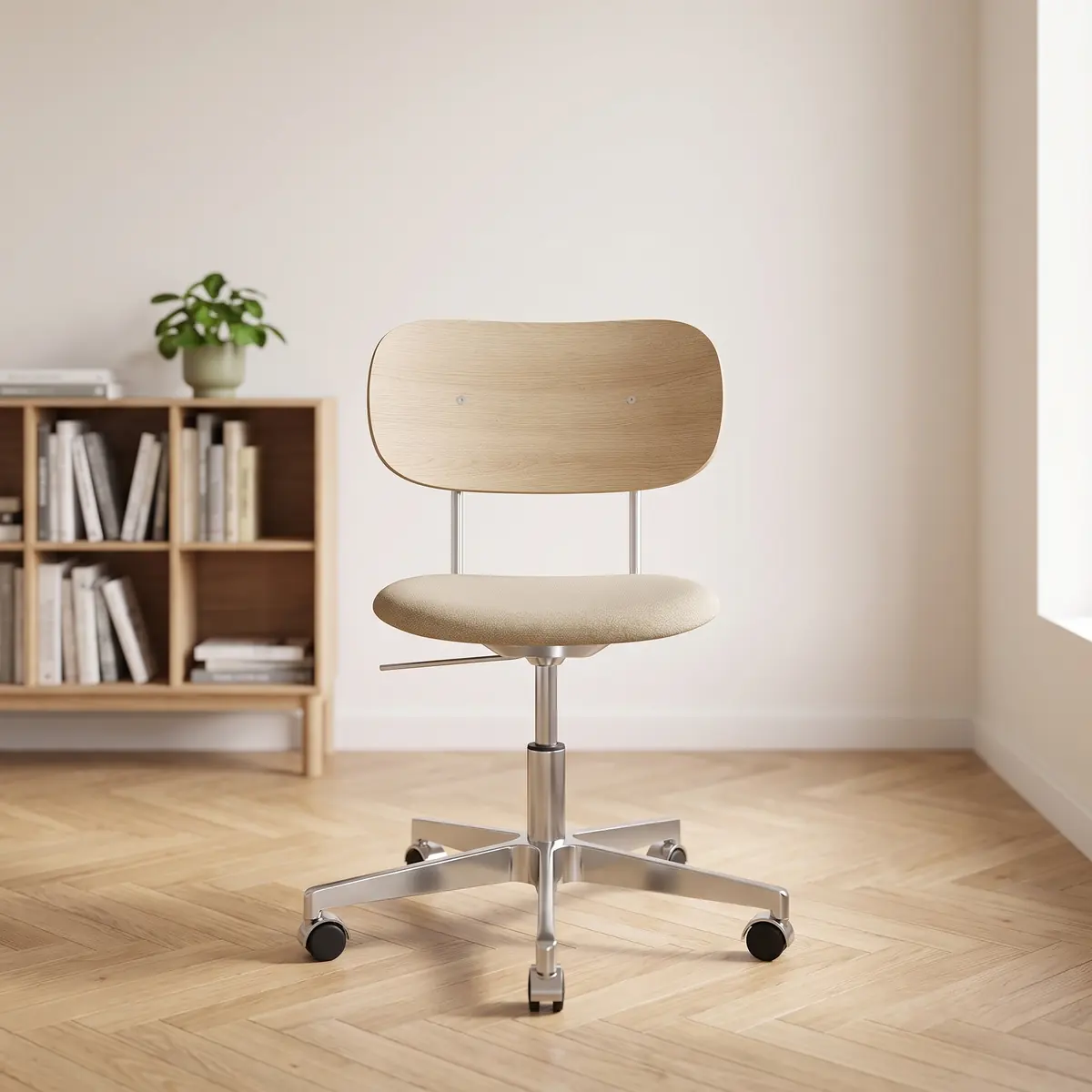 Audo Copenhagen Co Drehstuhl beige Rückenlehne helle Eiche auf Aluminiumbeinen