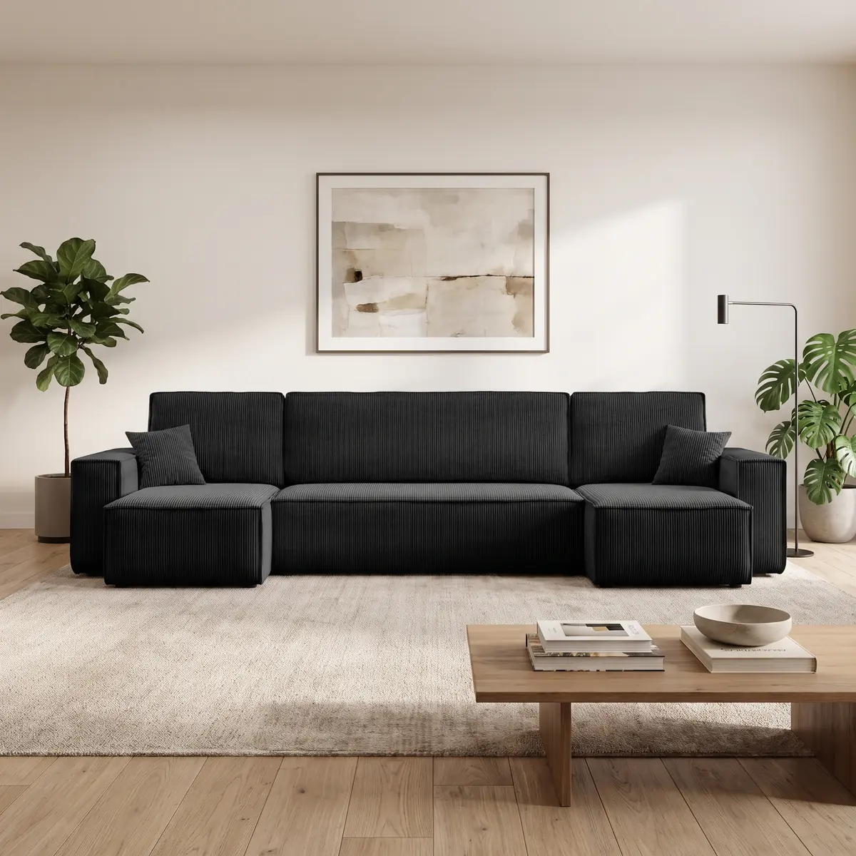 M-Punkt Wohnlandschaft COMO U-Form Cord mit Bett Schlafsofa Ottomane Schwarz