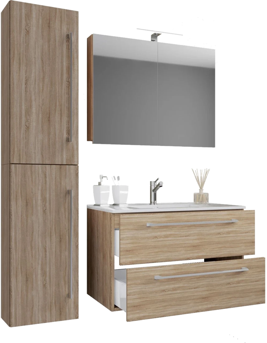 VCM Waschplatz Badinos 80 cm Spiegelschrank & Hochschrank 4-tlg. Sonoma-Eiche