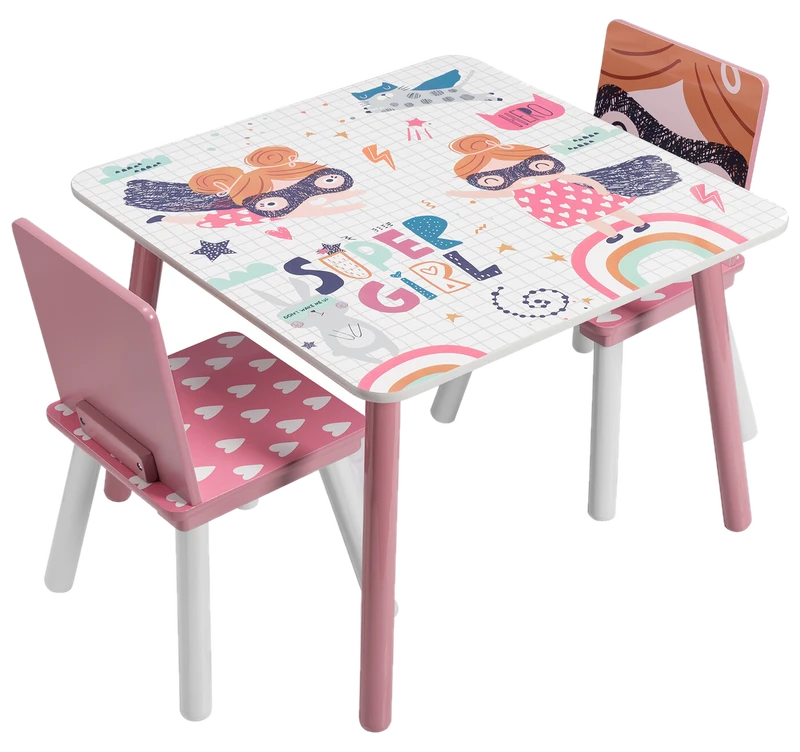 EUGAD Kindertisch mit 2 Stühlen, Holz, Rosa-Weiß