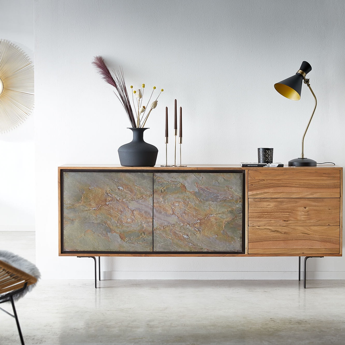 DELIFE Sideboard Juwelo 175 cm Akazie Natur mit Steinfurnier