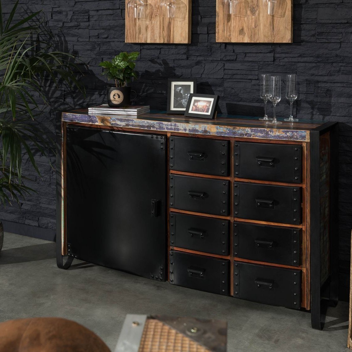 Massivmoebel24.de Sideboard Altholz 143x43x90 mehrfarbig lackiert INDUSTRIAL #102
