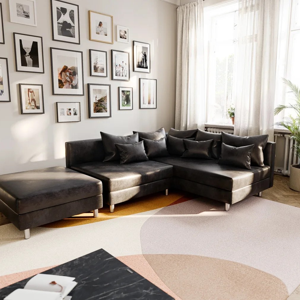 DELIFE Ecksofa Clovis Anthrazit Antik Optik Modular Hocker Ottomane Rechts