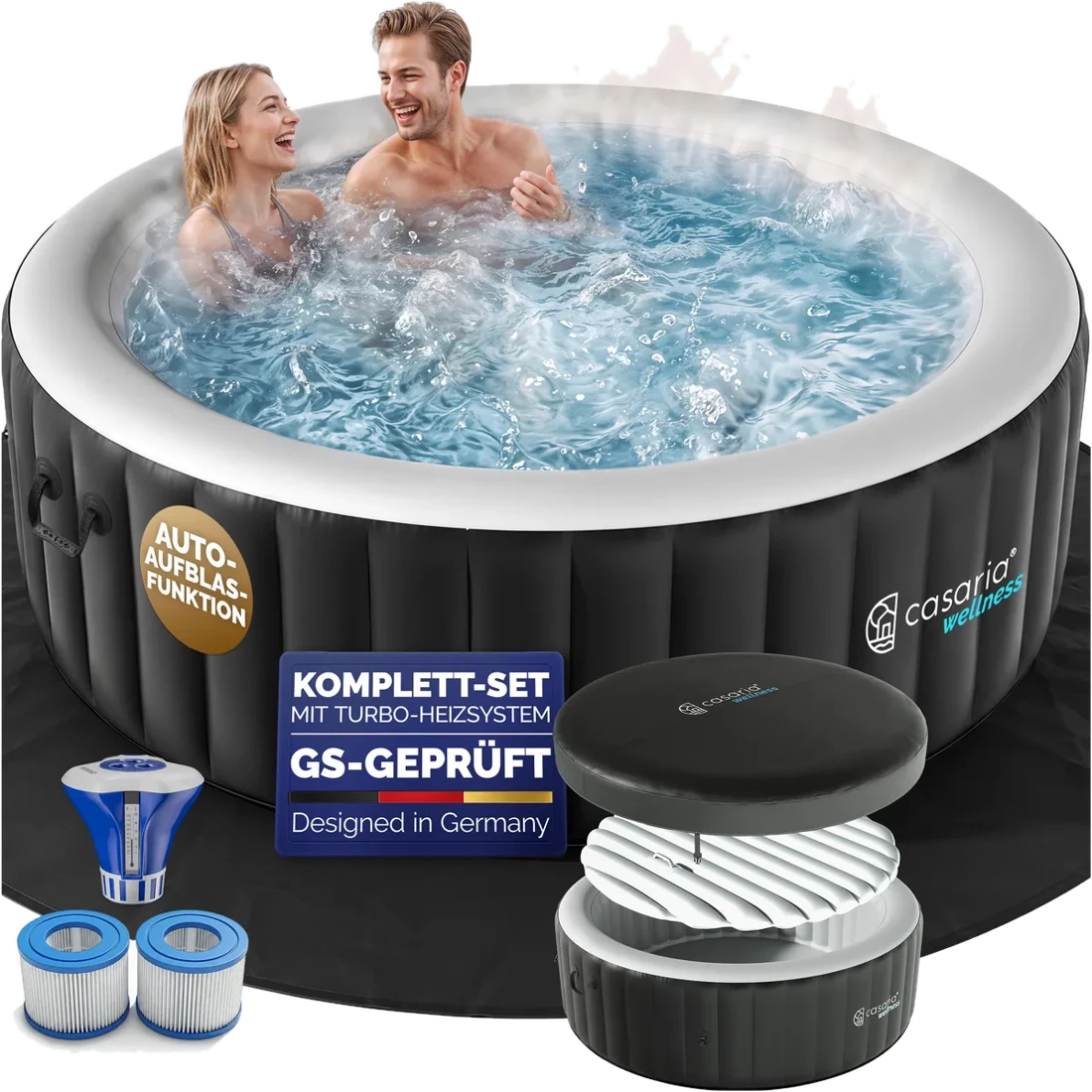 Casaria® Whirlpool aufblasbar Schwarz rund 4 Personen 20-42°C winterfest