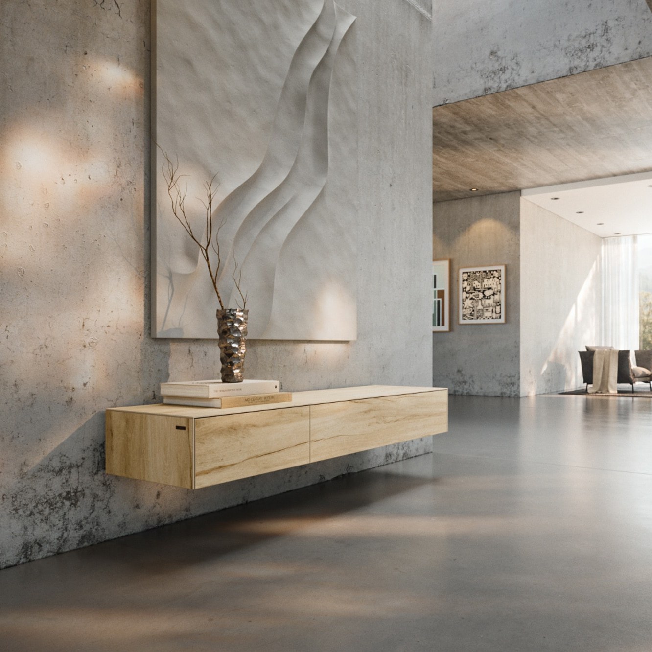 DELIFE Lowboard Cuor 150 cm Keramik Laminam® Sabbia Eichefarbig 1 Klappe 1 Schubfach