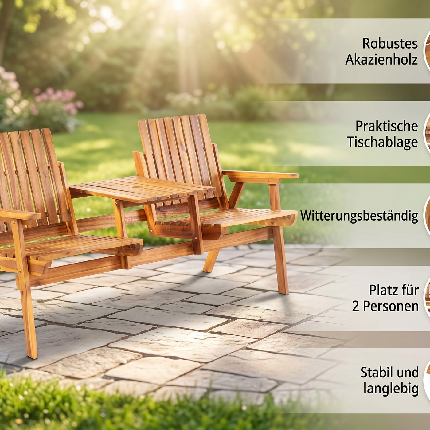 Prestige Home Living Outdoor 2-Sitzer Gartenbank mit Tischablage aus Akazienholz