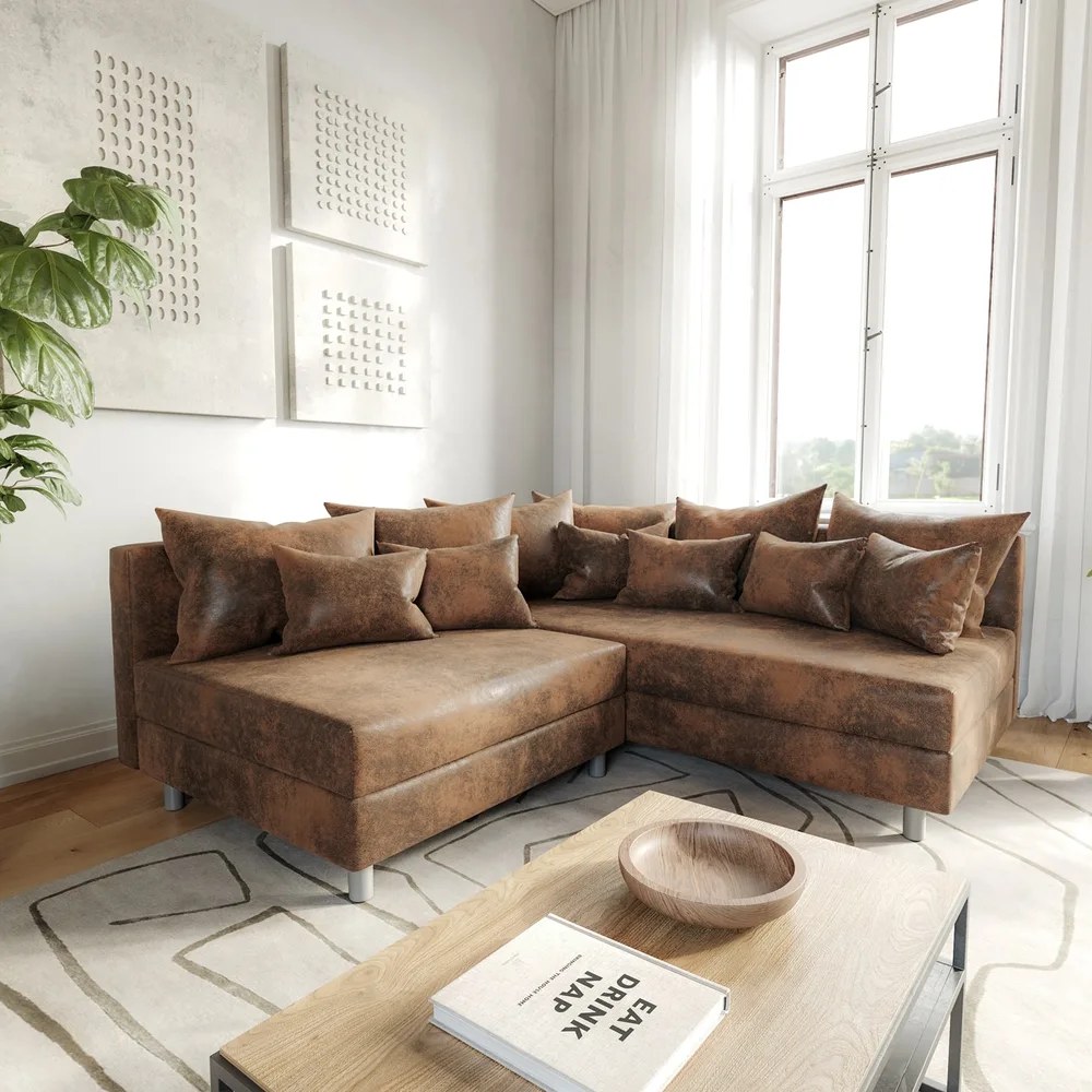DELIFE Ecksofa Clovis Braun Antik Optik Ottomane Rechts Modulsofa
