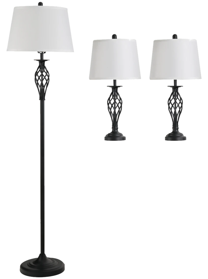 HOMCOM 3er Lampenset 2 Tischlampen 1 Stehlampe Vintage Schwarz Weiß Metall