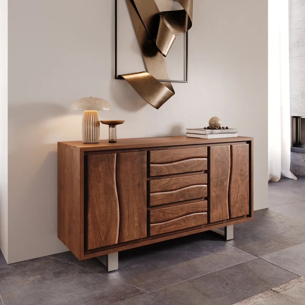 DELIFE Sideboard Live-Edge 147 cm Akazie Braun 3 Schübe 2 Türen