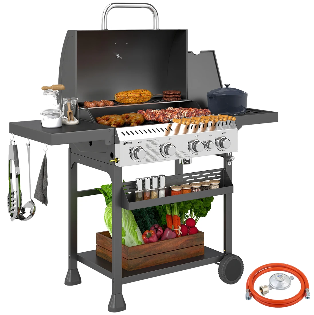 Outsunny Gasgrill 12 KW 4+1 Brenner BBQ Grillwagen aus Edelstahl