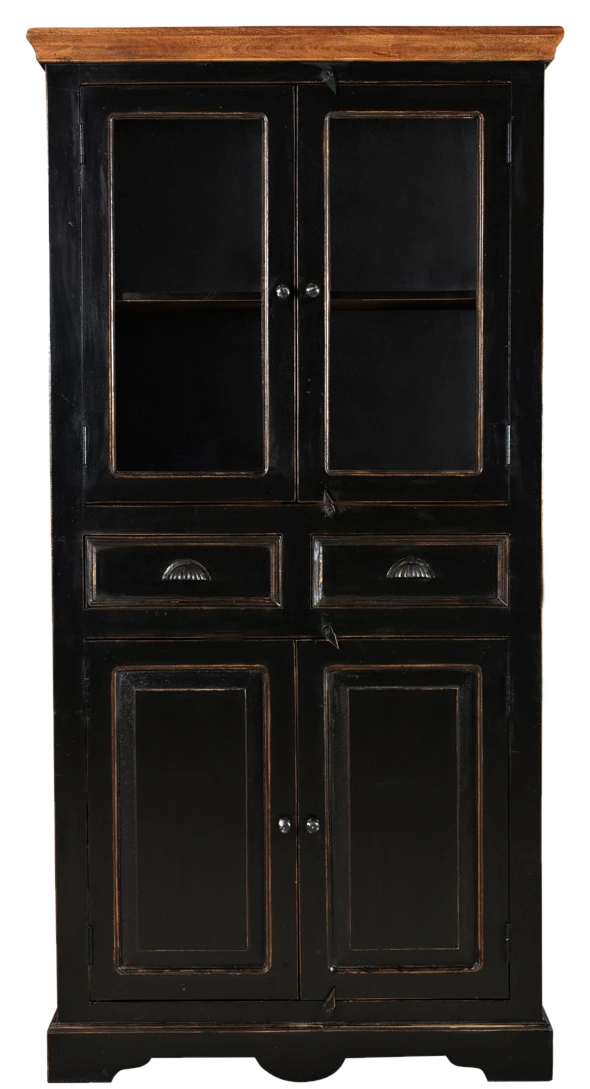 TPFLiving Vitrine Tacoma Mango + MDF schwarz mit honigfarbiger Deckplatte