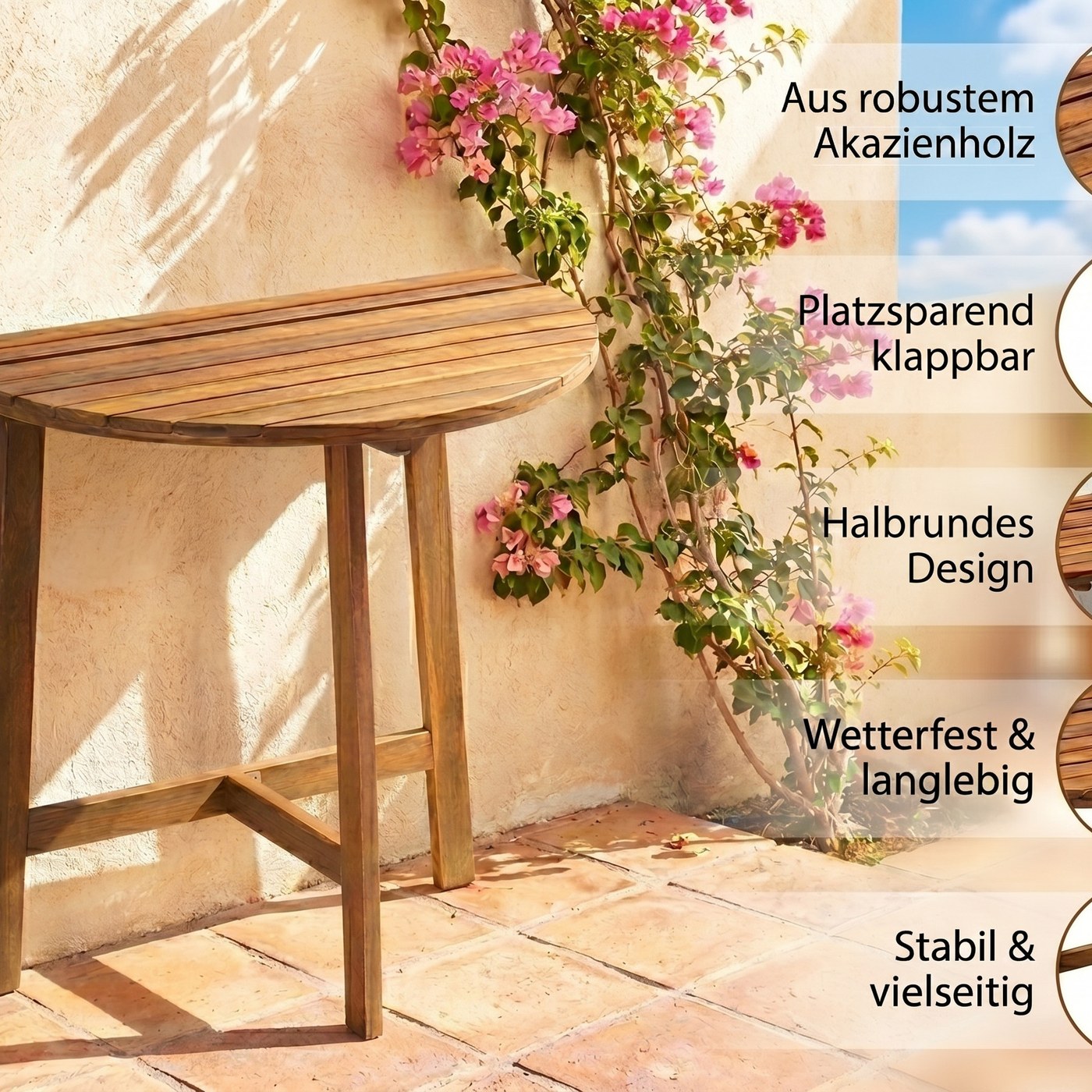Prestige Home Living Outdoor Klappbarer Beistelltisch halbrund aus Akazienholz