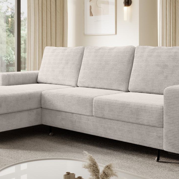 Möbel Punkt Ecksofa SAIGON Cord Lichtgrau mit Bettfunktion und Bettkasten Bett