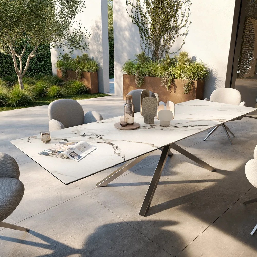 DELIFE Outdoortisch Edge 300x100 cm Keramik Calacatta Luxe Weiß-Gold-Grau
