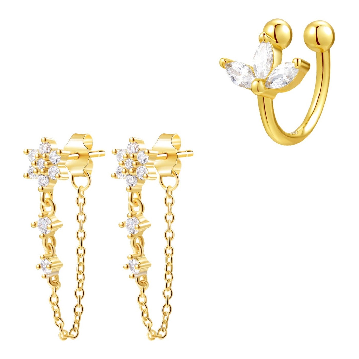 Hey Happiness Bloom Chain Stud and Ear Cuff Set Sterlingsilber