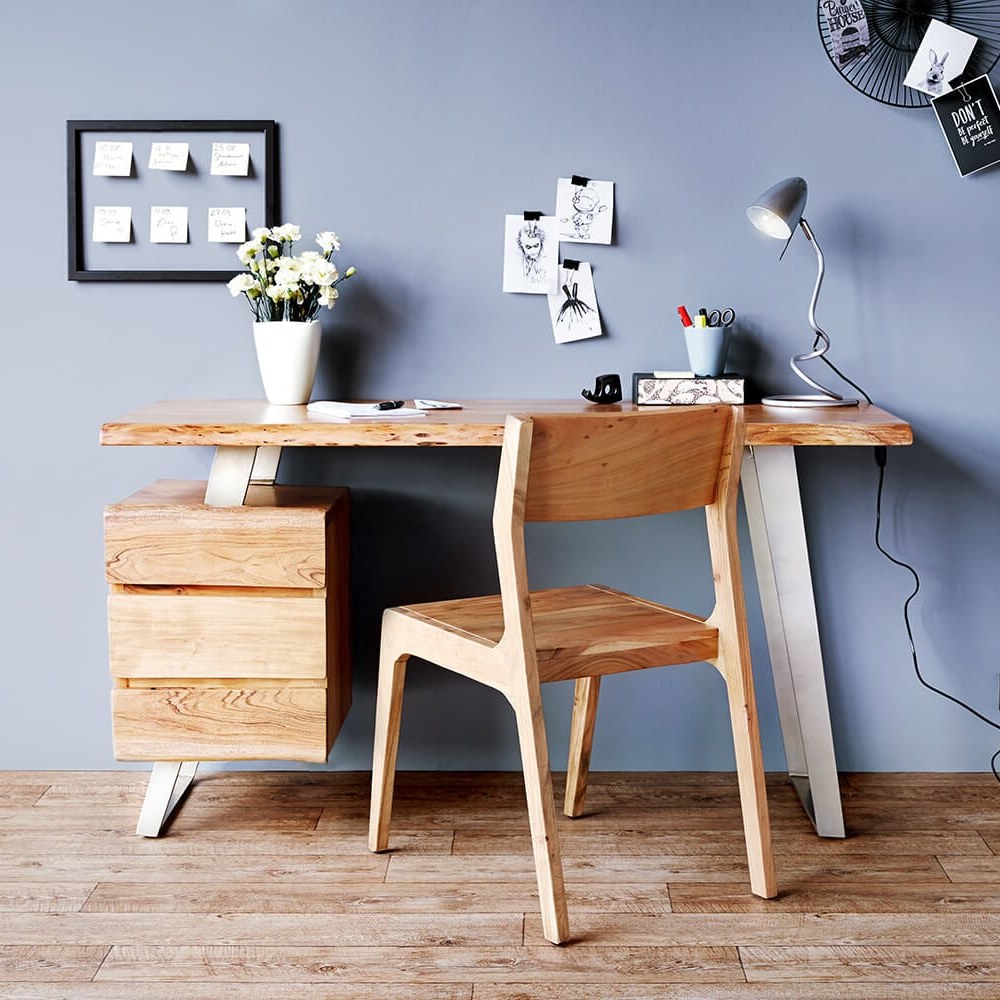 DELIFE Schreibtisch Live-Edge 150x60 cm Akazie Natur 3 Schübe