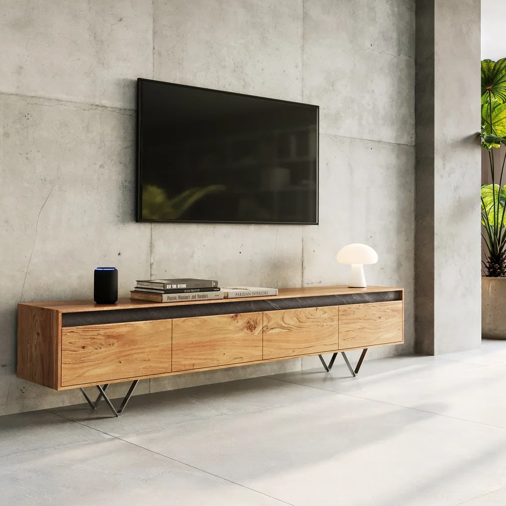 DELIFE Designer-Lowboard Stonegrace 200 cm Akazie Natur Schiefer 4 Schübe