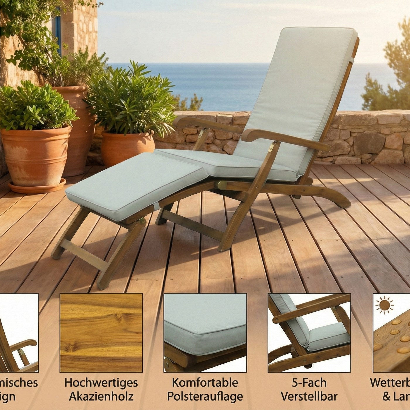 Prestige Home Living Outdoor Ergonomische Sonnenliege – Saunaliege inkl. Auflage aus Akazienholz