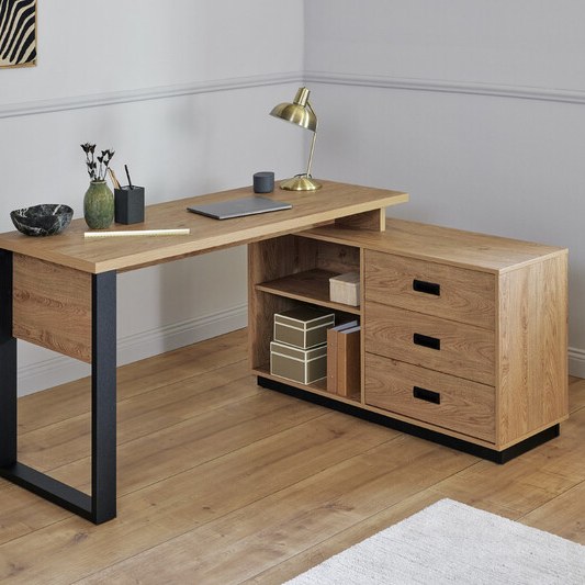 jahnke Moderner Eckschreibtisch im Loft-Stil RIVA in Montan-Eiche und Schwarz