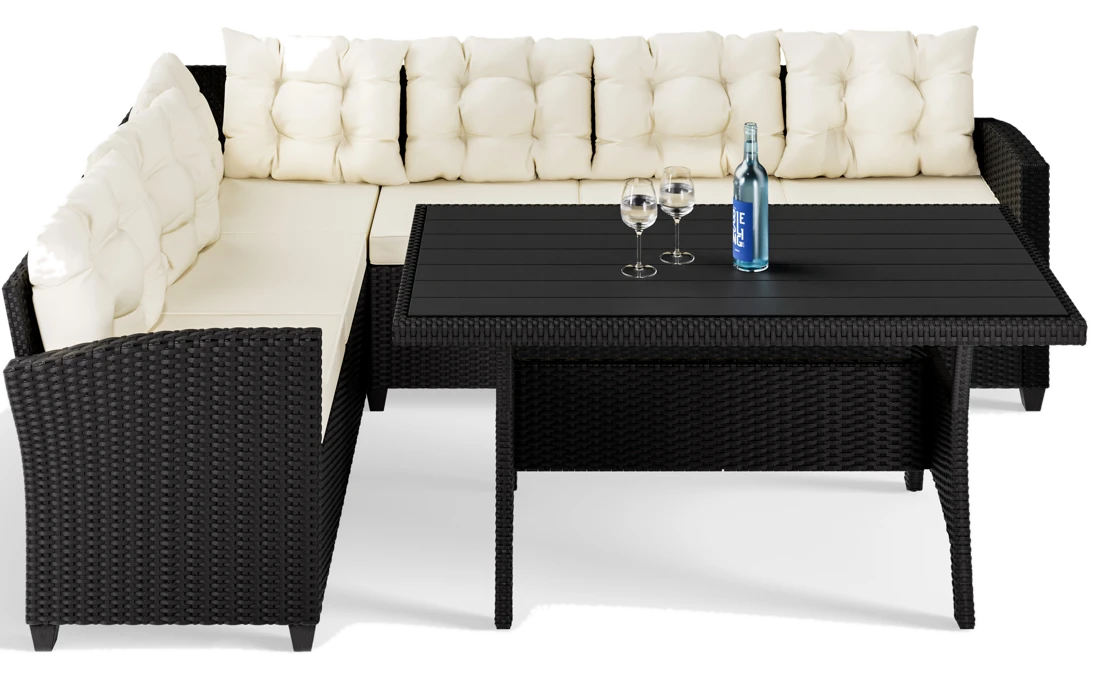 Casaria® Polyrattan Lounge-Set Schwarz/Creme WPC Tischplatte