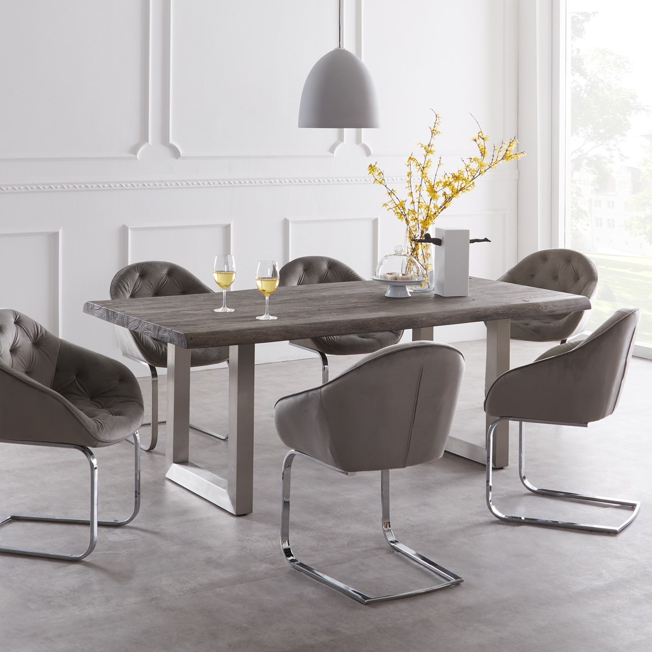 DELIFE Esstisch Edge 200x100 XL Akazie Platin Edelstahl Breit Live-Edge