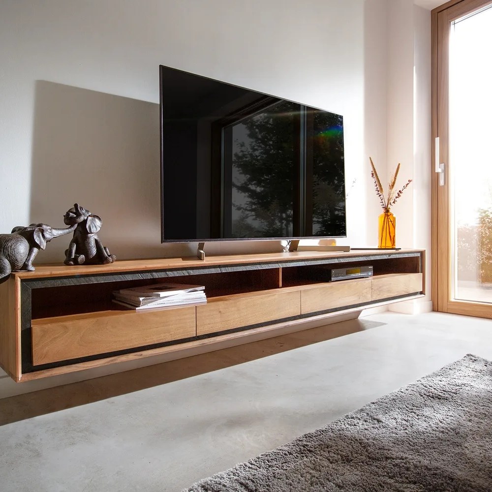 DELIFE Lowboard Stonegrace 240 cm Akazie Natur 2 Fächer 4 Schubladen Steinfurnier