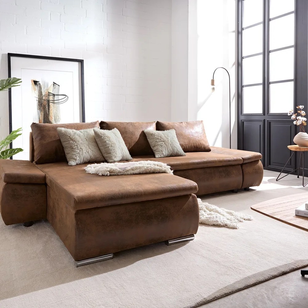 DELIFE Ecksofa Abilene 260x175 cm Braun Ottomane variabel mit Schlaffunktion