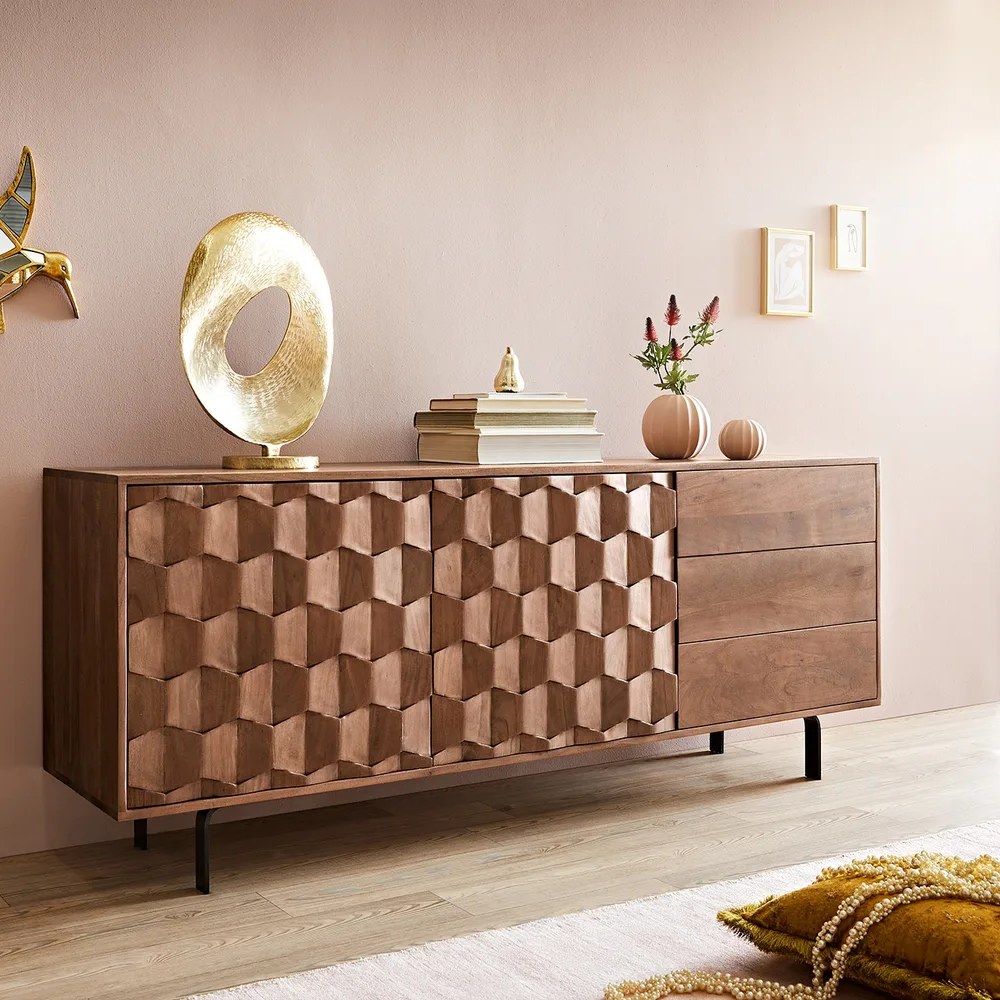 DELIFE Sideboard Fevo 175 cm Akazie Braun 2 Türen 3 Schubfächer L-Fuß