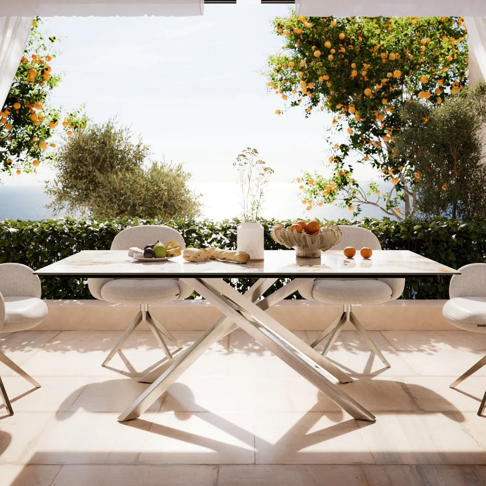 DELIFE Outdoortisch Edge 200x100 cm Keramik Minas Melange Weiß-Beige Kreuzgestell