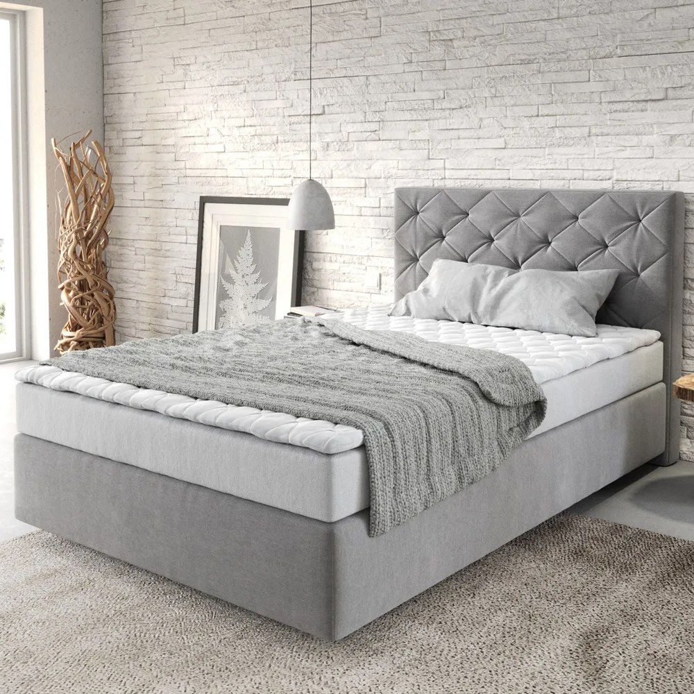 DELIFE Boxspringbett Dream-Great 120x200 cm Mikrofaser Grau mit Matratze und Topper