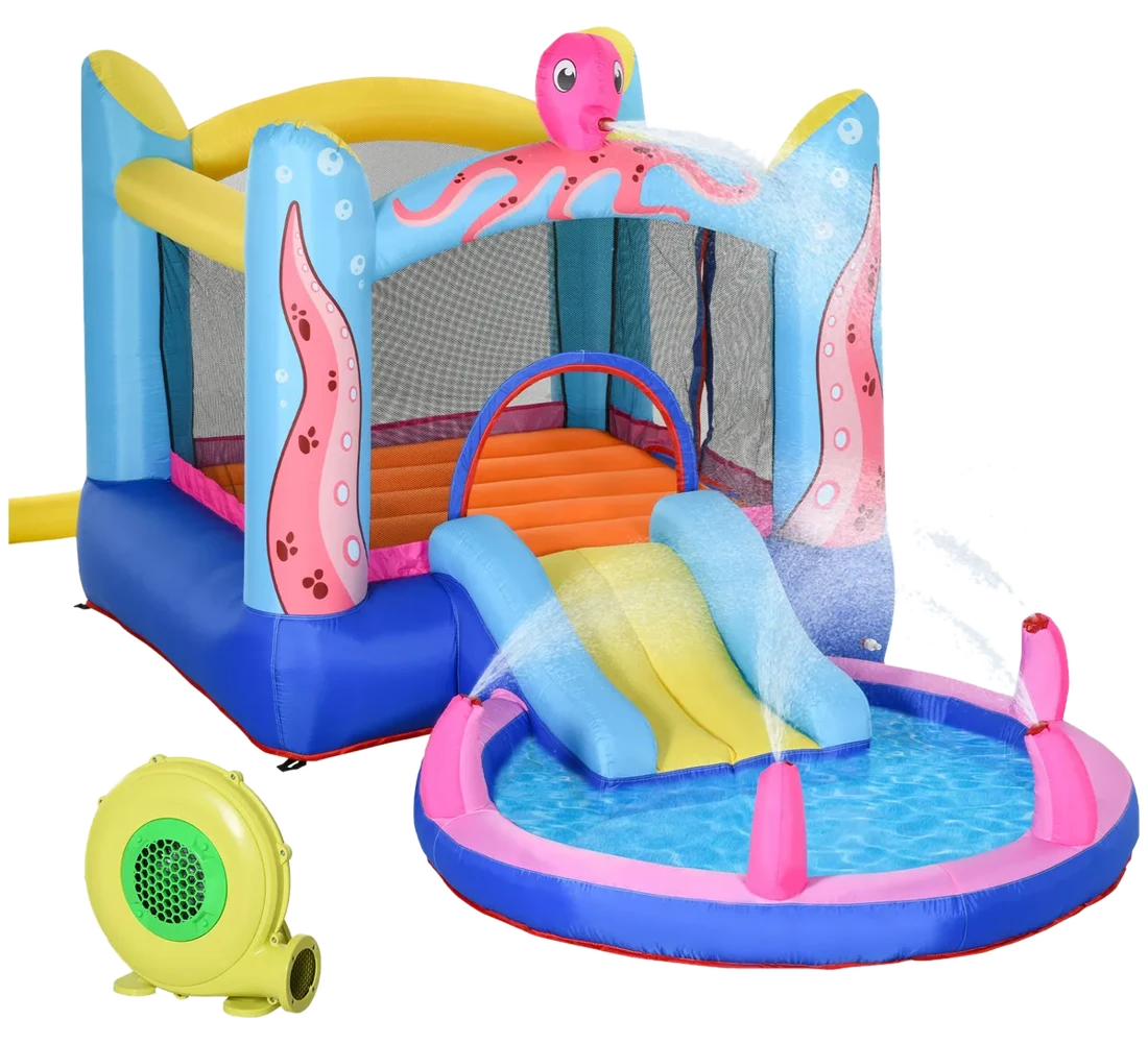 Outsunny Aufblasbare Hüpfburg Oktopus-Muster mit Rutsche Trampolin Spielburg