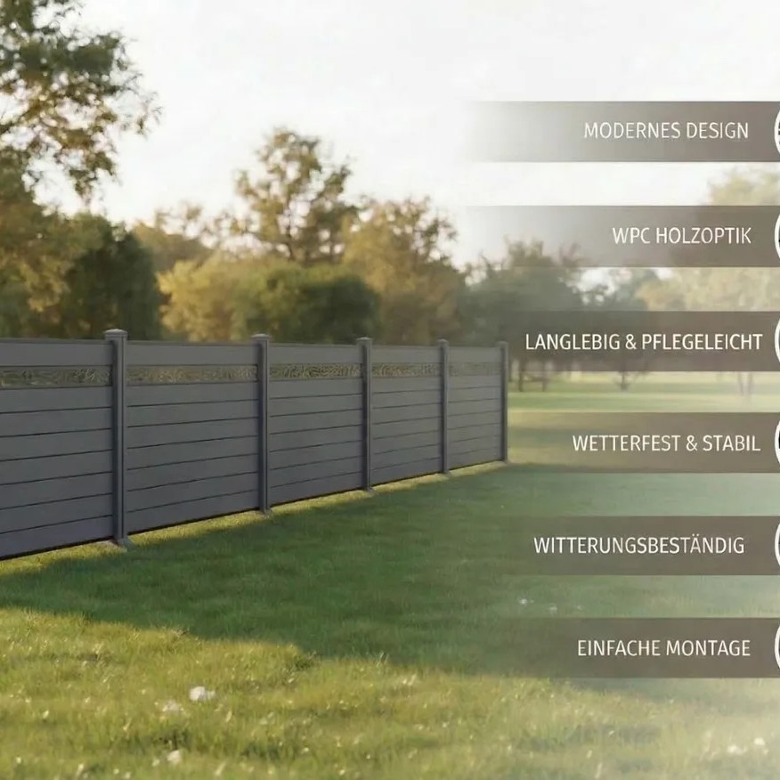 Prestige Home Living Outdoor WPC-Sichtschutzzaun Valla – 5 Elemente 6 Pfosten mit Dekorleisten