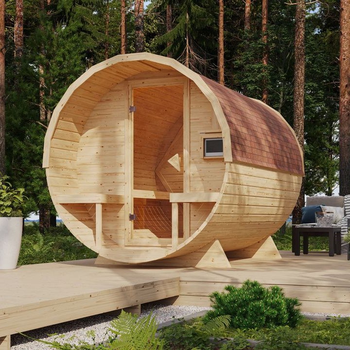 Karibu Fasssauna Libo 2 + 9 KW Ofen mit integrierter Steuerung