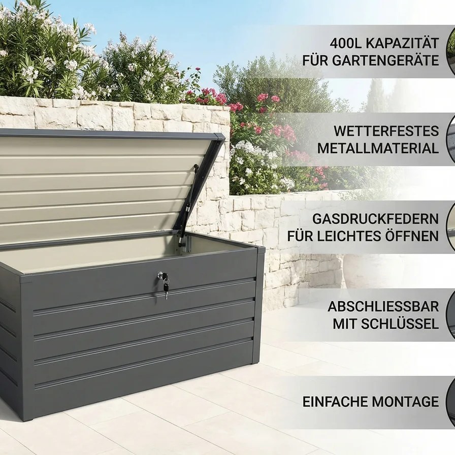 Prestige Home Living Outdoor B-WARE 30% RABATT Metall-Aufbewahrungsbox Gartentruhe 400L Stauraum