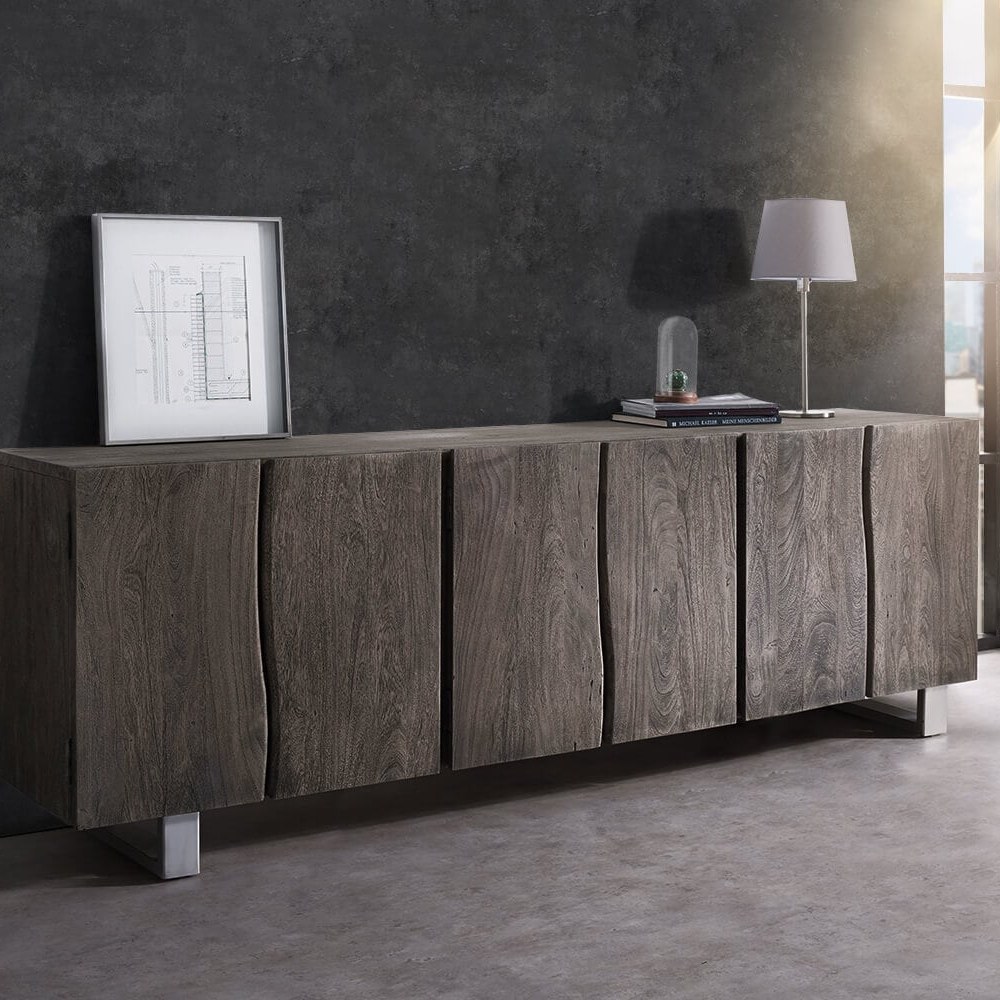 DELIFE Sideboard Live-Edge 220 cm Akazie Platin massiv 6 Türen