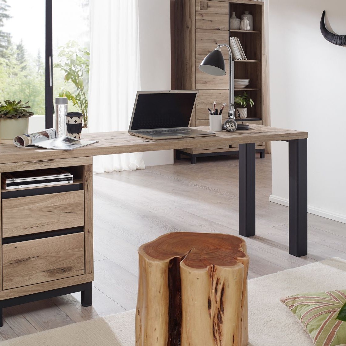 Massivmoebel24.de Schreibtisch Wildeiche 180x55x76 bianco geölt VILLANDERS #241