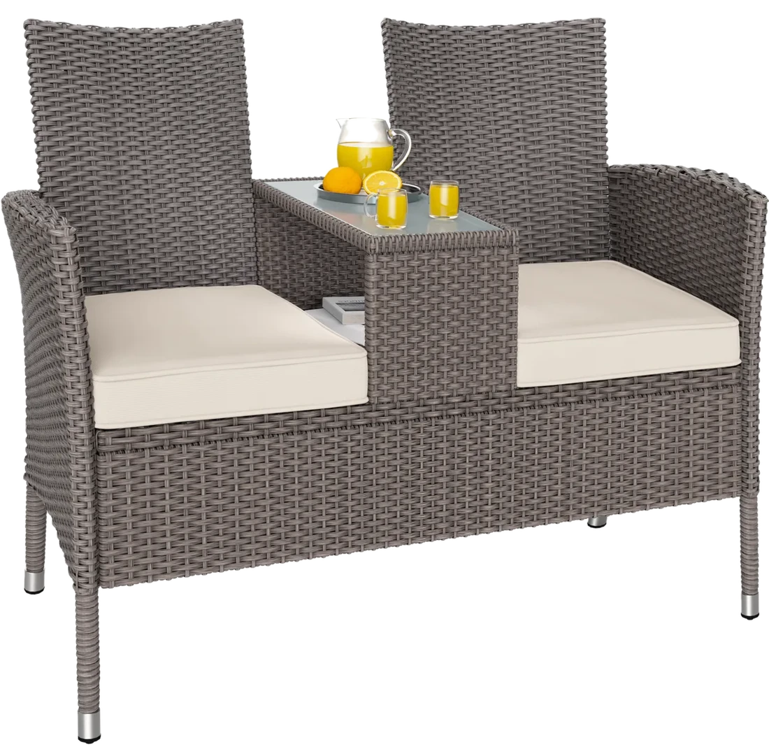Casaria® Bank 2-Sitzer Creme mit integriertem Tisch Glasplatte Ablage wetterfest