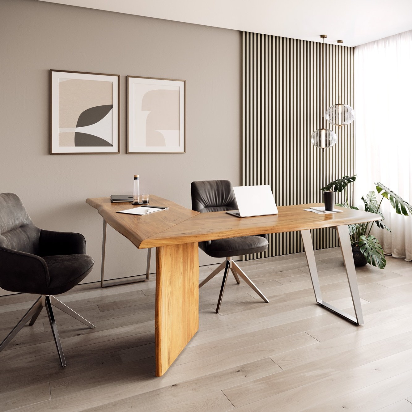 DELIFE Schreibtisch Live-Edge 170x170 Akazie Natur Gestell Silber Baumkante
