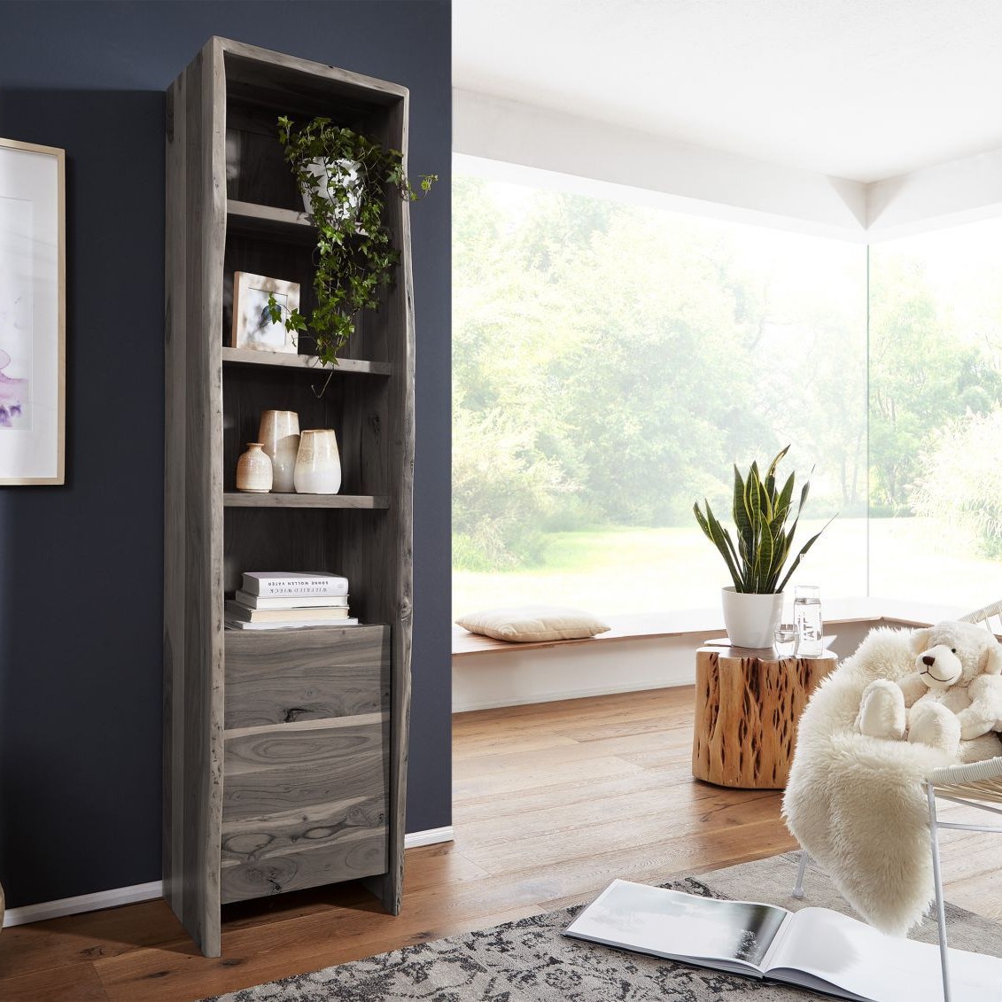 Massivmoebel24.de Hochschrank Akazie 45x36x185 grau lackiert PURE ACACIA #605