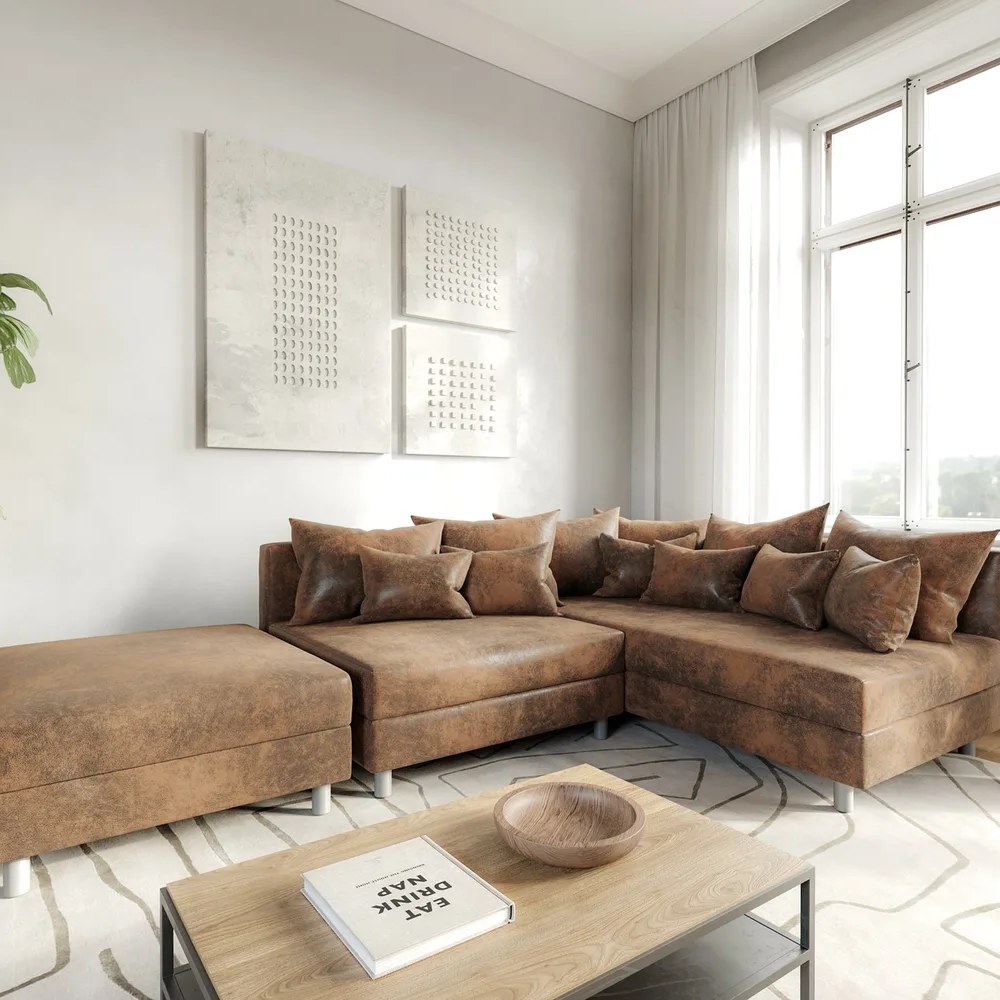 DELIFE Ecksofa Clovis Braun Antik Optik Modular Hocker Ottomane Rechts