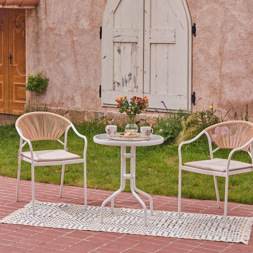 Happy Home 3tlg. Bistro Set HGE51-BEI helles Rattan mit Sitzkissen in Beige