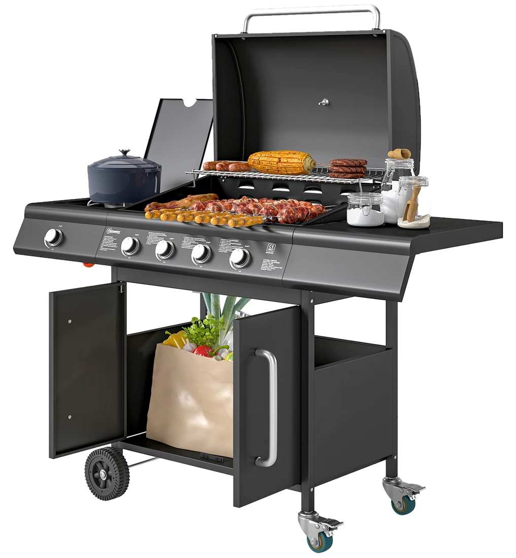 Outsunny Gasgrill 15,2 KW Grillwagen inkl 5 Edelstahl-Brenner Rolle
