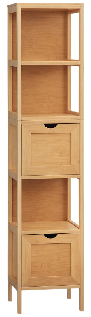 kleankin Badezimmerschrank Hochschrank aus Bambus mit 3 Regalen und 2