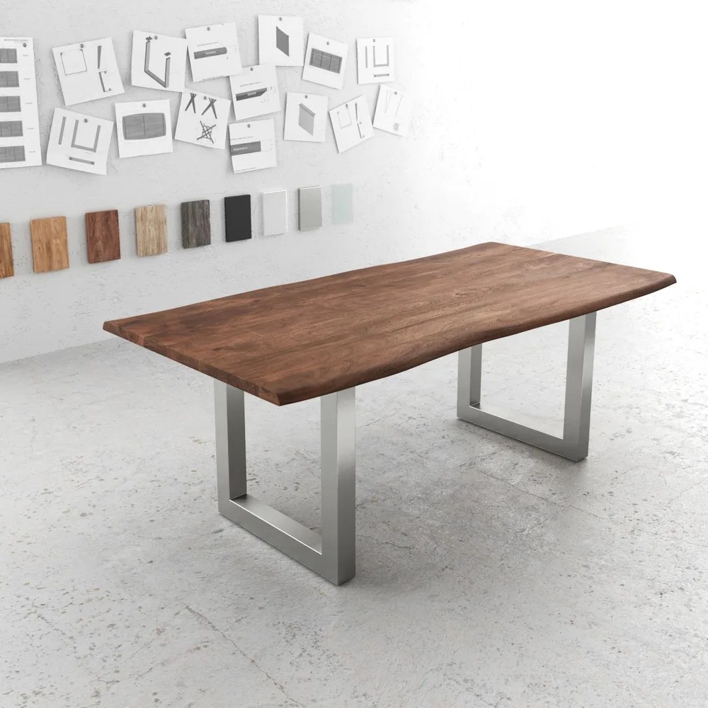 DELIFE Esstisch Edge 200x100 Akazie Braun Edelstahl Breit Live-Edge